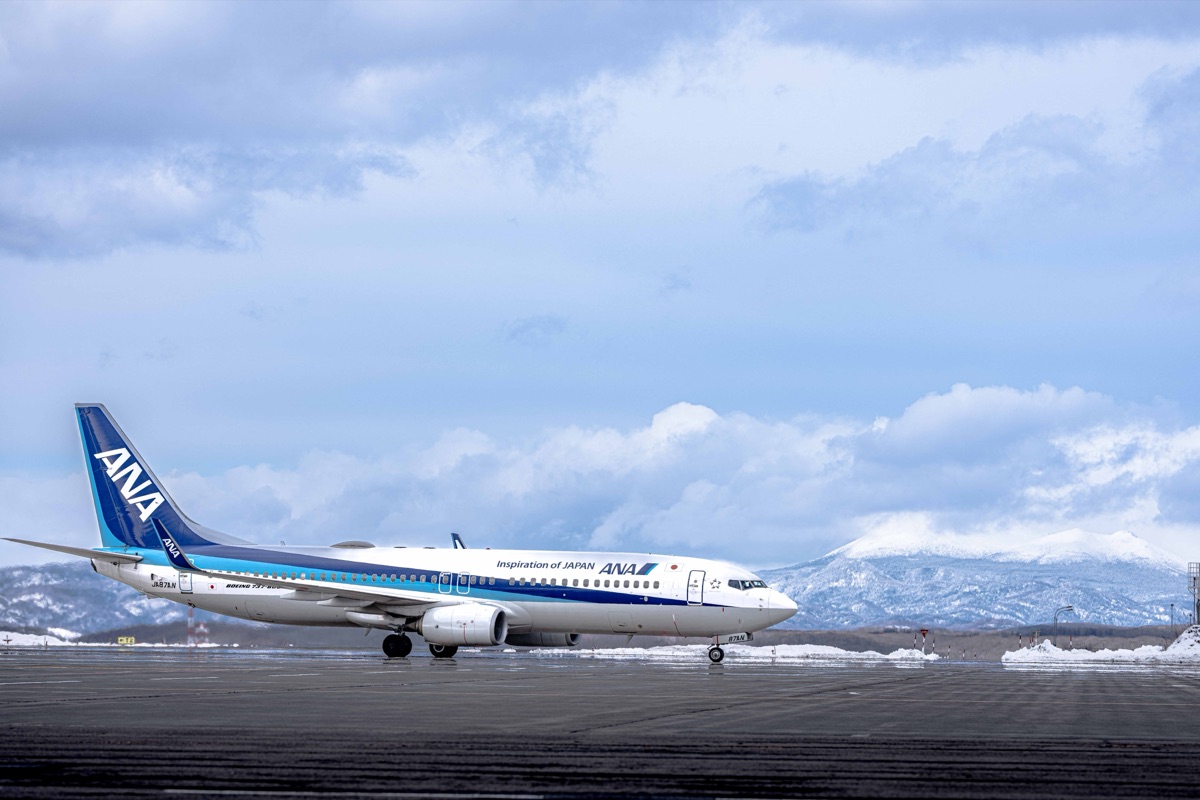 雪山を背に滑走路に佇む旅客機